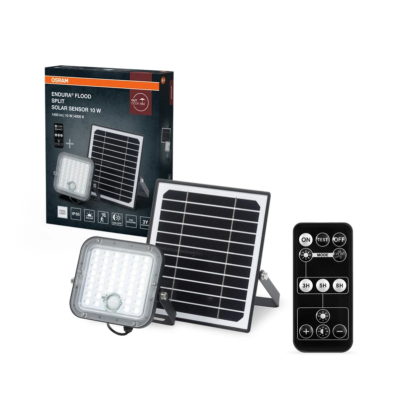 OSRAM LED-Solar-Außenleuchte Endura Outdoor schwarz mit Flutlicht und Solar-Panel, 5 m langes Kabel, mit Fernbedienung und PIR-Bewegungsmelder, 10 W, 1400 lm, 840, 4000 K Lichtfarbe, EEK A