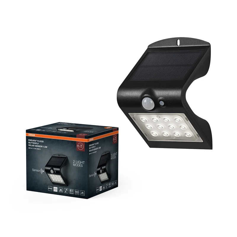 OSRAM ENDURA BUTTERFLY Solar-Flutlicht, schwarz, 1,5W, 200lm, Bewegungs- & Lichtsensor, Outdoor-Leuchte, Batterie aufladbar, lange Lebensdauer, einfache Montage, IP65, 4000K