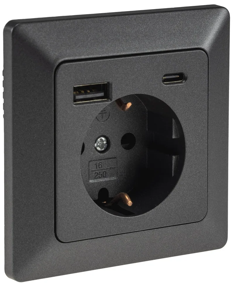 MILOS Schutzkontakt-Steckdose, anthrazit 230V~/ 16A, Unterputz, USB-A/C PD 3.0