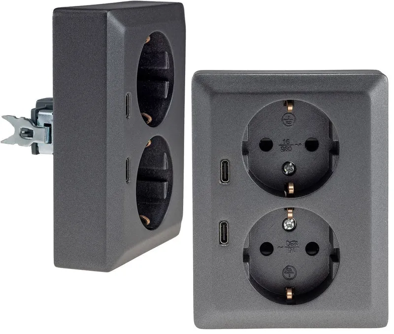 MILOS Schutzkontakt-Steckdose 2-fach 250V~/16A, 1x UP, 2x USB C/PD, anthrazit