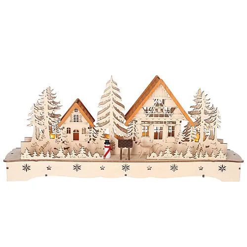 LED Holzsilhouette 'Dorf mit Schneemann u Rentier' 3252-100