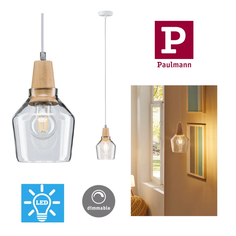 Paulmann Neordic Ylvie Pendelleuchte max.1x20W E27 Klar/Holz 230V Glas/Holz