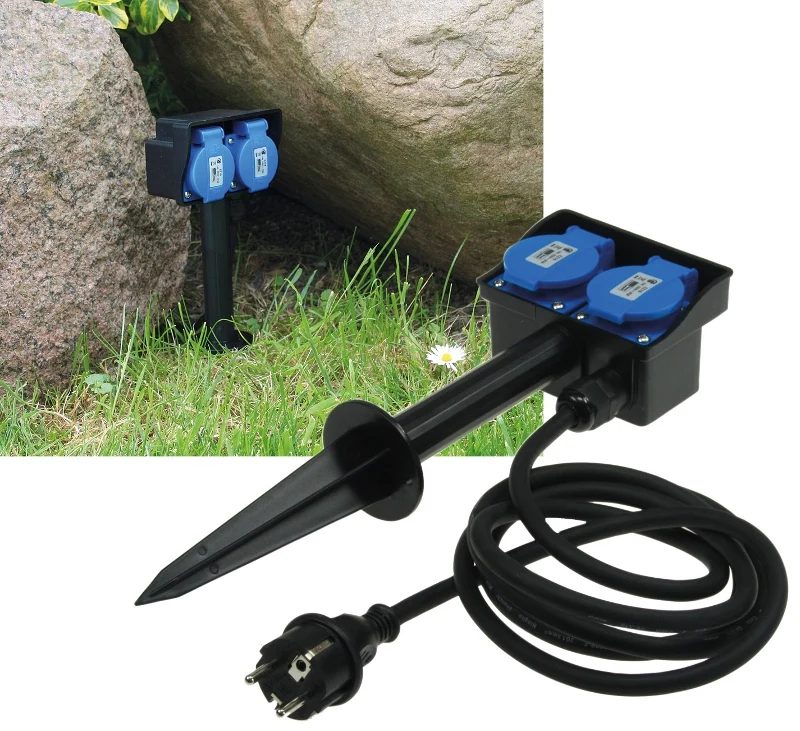 Gartensteckdose mit Erdspieß, 2-fach IP44, 1,4m Kabel