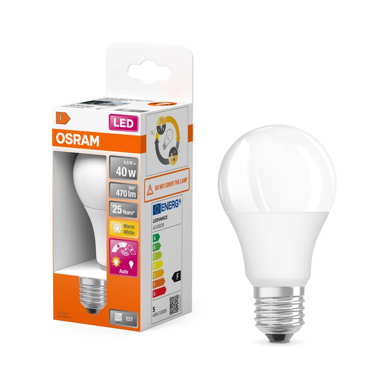 OSRAM DAYLIGHT SENSOR CLASSIC A LED Lampe 4.9W 827 Frosted E27, 470 lm, 2700 K, Warmweiß