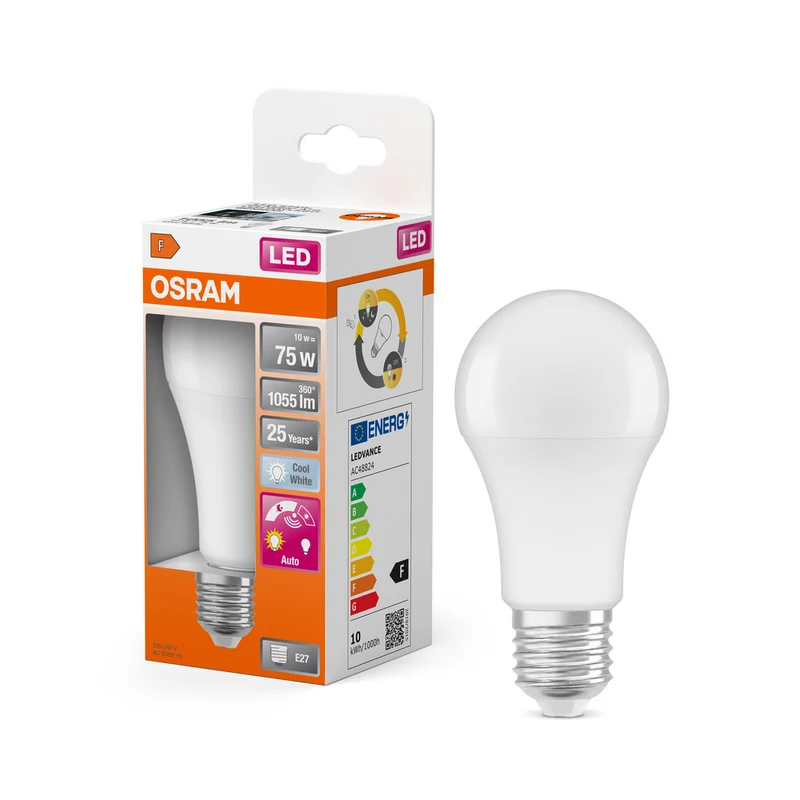 OSRAM DAYLIGHT SENSOR CLASSIC A LED Lampe 10W 840 Frosted E27, 1055 lm, 4000 K, Kaltweiß