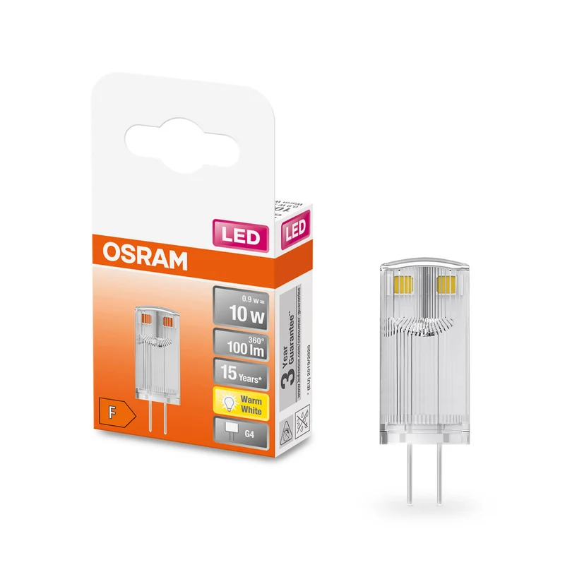 OSRAM LED Stiftsockellampe PIN 12 V 0.9W 827 Clear G4, 100 lm, 2700 K, Warmweiß
