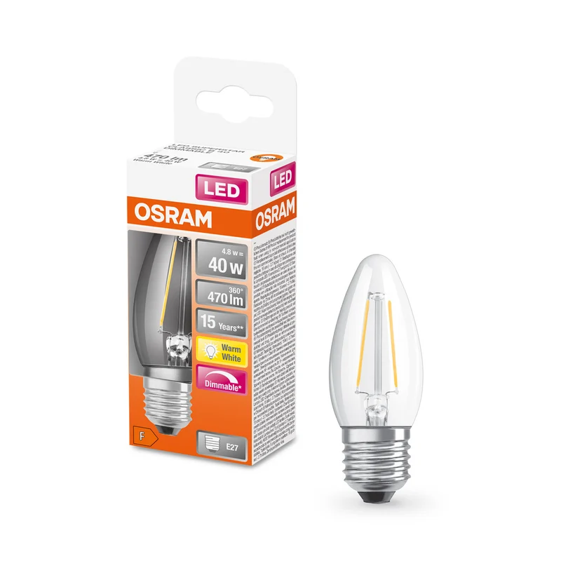 OSRAM LED Lampe LED Retrofit CLASSIC B DIM 4.8W 827 Clear E27, 470 lm, 2700 K, Warmweiß