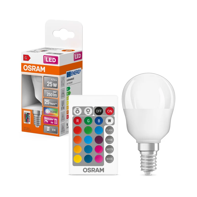 OSRAM LED Lampe LED Retrofit RGBW lamps with remote control 4.2W 827 Frosted E14 P-Form, 250 lm, 2700 K, Warmweiß