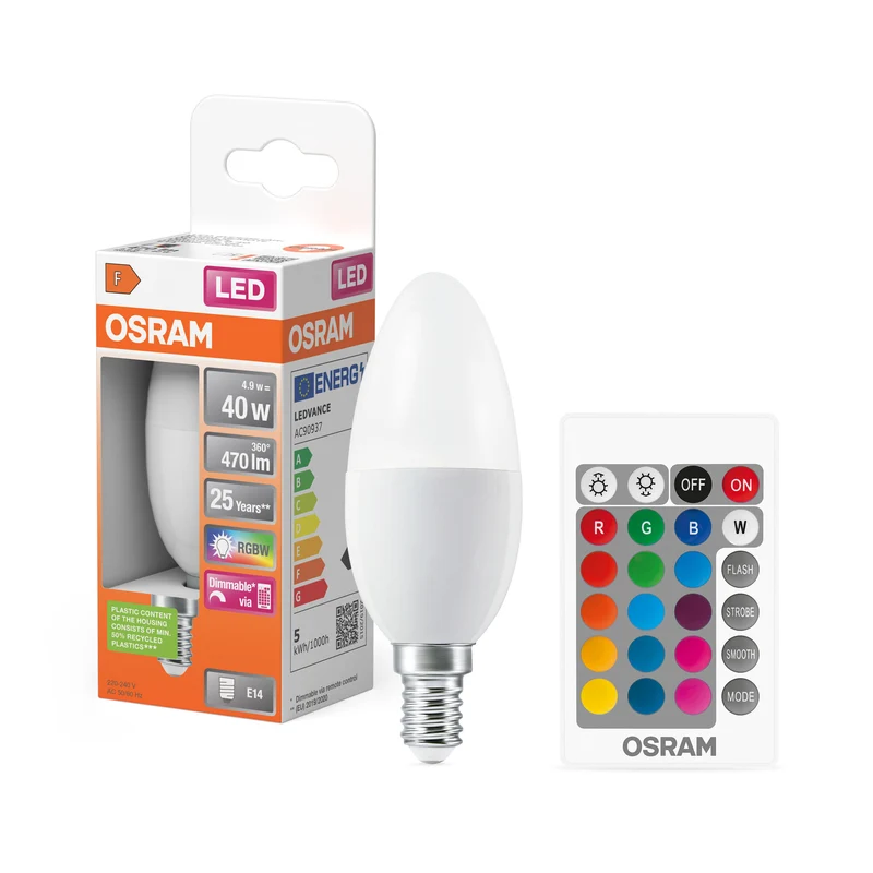 OSRAM LED Retrofit RGBW lamps with remote control in B-Form, LED-Lampe, Matt, 4,9 W, (ex 40 W), 470 lm, Warmweiß, 2700 K, Dimmbar, 25000 h, CRI 80, Fernbedienung