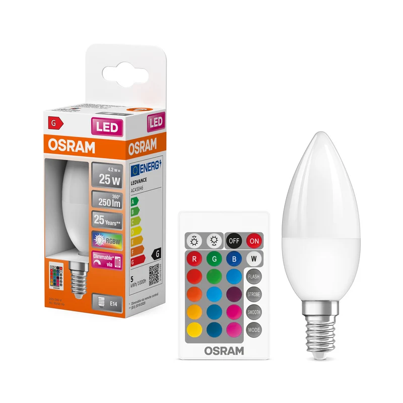 OSRAM LED Lampe LED Retrofit RGBW lamps with remote control 4.2W 827 Frosted E14 B-Form, 250 lm, 2700 K, Warmweiß