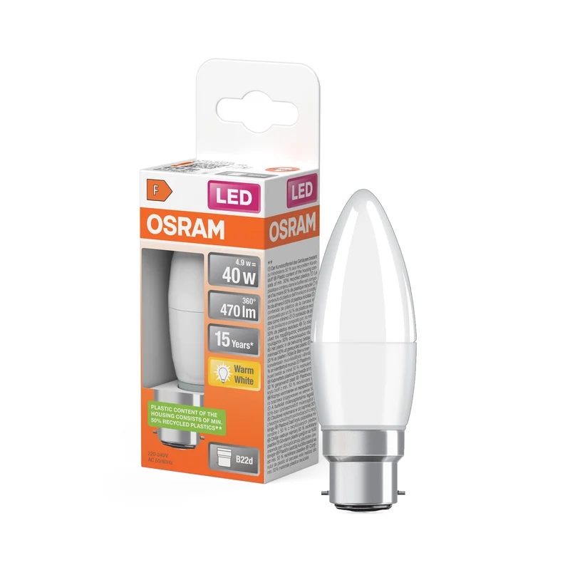 OSRAM LED PCR LAMP WITH CLASSIC B in B-Form, LED-Lampe, Matt, 4,9 W, (ex 40 W), 470 lm, Warmweiß, 2700 K, 15000 h, CRI ≥80