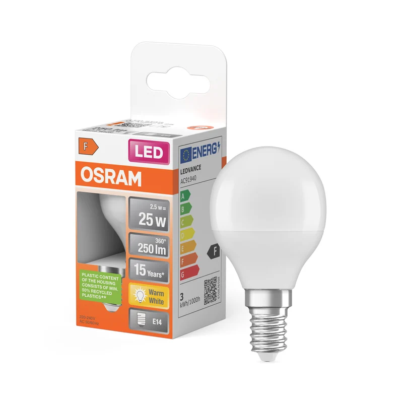 OSRAM LED PCR LAMP WITH CLASSIC P in P-Form, LED-Lampe, Matt, 2,5 W, (ex 25 W), 250 lm, Warmweiß, 2700 K, 15000 h, CRI 80